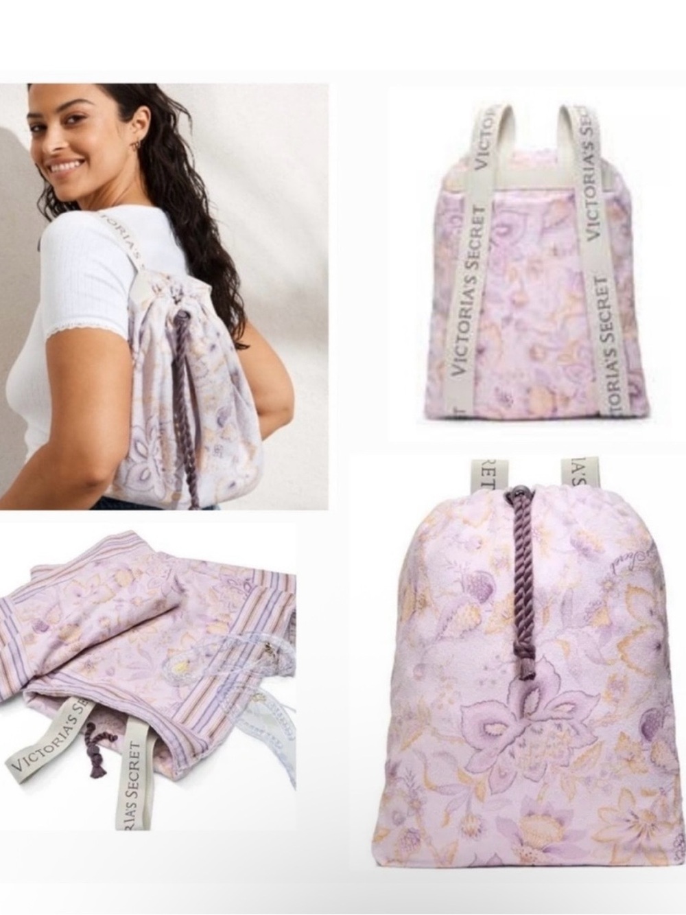 Victoria's Secret Lavender Floral Drawstring Backpack - Pale Purple & Cream